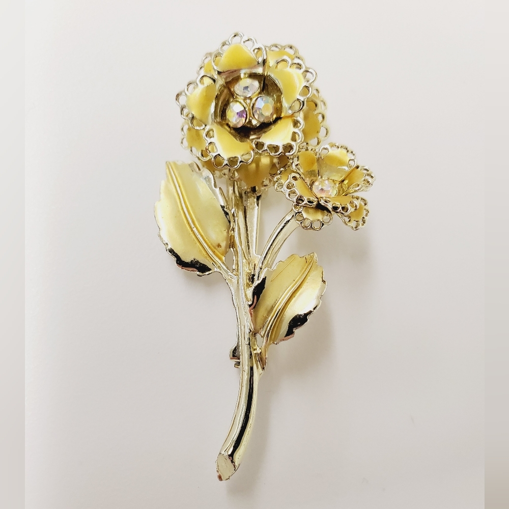 Vintage 50's gold Rose flower brooch pin 3D AB aurora borealis crystal stones